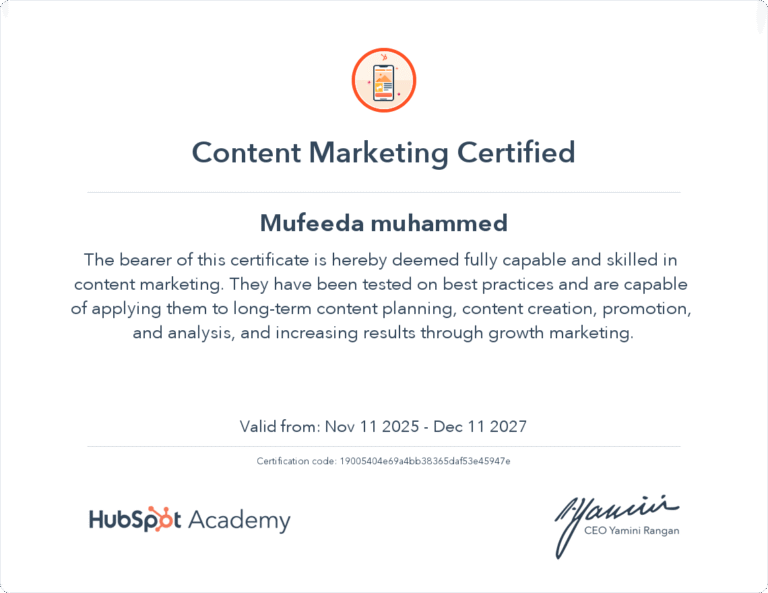 Mufeeda muhammed , Content Marketing Certification.