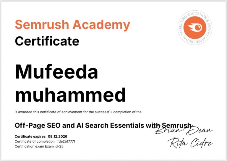 Mufeeda muhammed , Semrush Academy Certification.