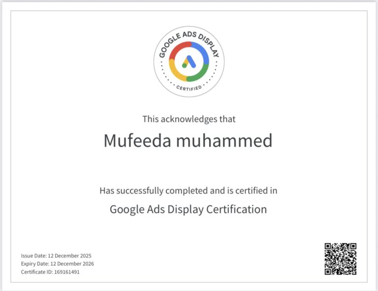 Mufeeda muhammed , Google Ads Display Certification.